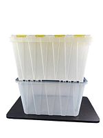 Front view showing both translucent bins stacked, yellow-lidded bin on top, blue-lidded bin below