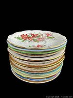 Stack of all 13 saucers showing mixed rim colours and floral top saucer