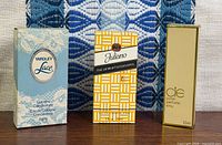 Front view of three sealed perfume boxes: Yardley Lace 50 ml, Juliano 10 ml, Cie 10 ml