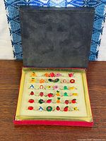 Open display tray showing all 36 rings arranged in six rows