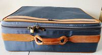 Overall view of closed suitcase showing fabric body and leather trim