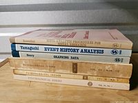 Stack showing titles and spine details of six books for title verification and condition