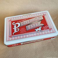 Top view of rectangular red Peppermint Bark tin
