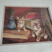 Full view of artwork showing kittens, vase, book and jewelry box