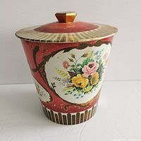 Full view of tapered floral tin with lid