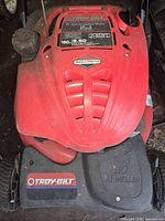 Top view of mower showing Troy-Bilt branding, 190 cc 6.50 ft-lb Briggs & Stratton engine label, red cover and black deck