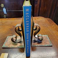 Spine view of hardcover between bookends showing title and author