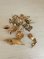 Overhead view showing entire assortment of gold-tone earrings and brooches