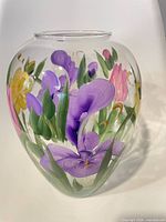 Frontal view of clear spherical vase with hand-painted flowers