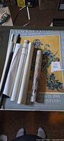 Rolled posters and hanging rails atop Van Gogh Iris exhibition poster, lot tag visible