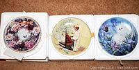 Three Bradford Exchange collectible plates in styrofoam packaging laid on carpet, showing plate face designs.
