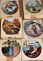 Six Edwin M. Knowles collector plates, five in original packaging or plastic wrap, assorted nostalgic designs including children, nature, and boating scenes.