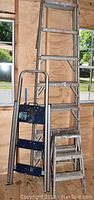 Three ladders leaning inside a wooden shed near window: small 2-step ladder with blue handle and wide steps, tall 10-foot metal ladder, and 54-inch metal ladder with handrail.