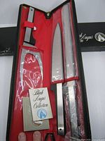 Open case showing knife, honing steel, fork slot, pamphlet and packaging
