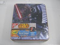 Front view of sealed Star Wars Darth Vader Crayola tin