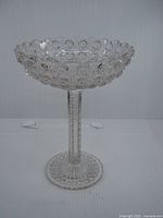 full view of clear pressed glass compote showing bowl, stem and foot
