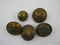 Five brass Machine Gun Corps buttons grouped