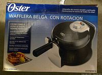 Front of retail box showing Oster flip Belgian waffle maker model CKSTWFBF10