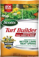Front of Scotts Turf Builder WinterGuard Fall Weed & Feed bag showing branding and product information