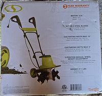 Retail carton displaying Sun Joe TJ603E tiller specifications