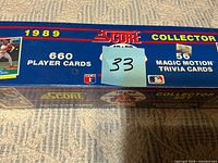 Side of 1989 Score Collector Set box showing 660 player cards and 56 Magic Motion trivia cards label