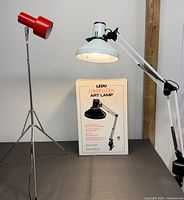 Both lamps positioned upright beside box