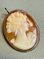 Front view of oval shell cameo showing carved female profile and two-tone metal frame