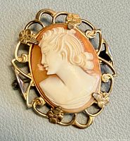 Front view of cameo brooch showing carved profile and floral frame