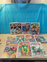 Front view showing all ten bagged Marvel What If comics spread on table