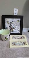 Square bird print, two rectangular Savon prints, and one pail grouped