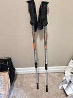 Two McKinley walking poles leaning against wall showing full length