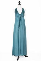Full front view of teal satin gown on dress form