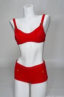 Front view of red St Michael bikini set on mannequin