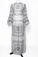 Front view of full-length paisley maxi dress on mannequin