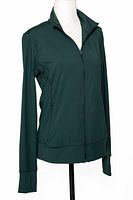 Full view of hunter-green athletic jacket on mannequin.