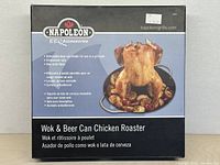 Front of box showing Napoleon Wok & Beer Can Chicken Roaster product image and branding