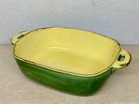 Overall view of green and yellow ceramic casserole dish