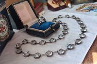 Necklace arranged in oval with ring displayed in open presentation box