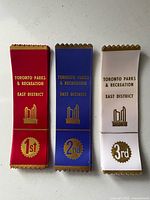 Front view showing one ribbon of each color with gold foil text and award place