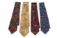 Front view of four silk ties showing patterns and colours