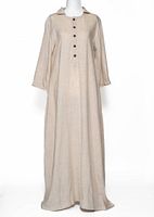 Front view of natural beige YOUGA maxi dress showing collar, buttons, pockets, full length