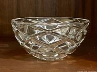 Overall view of signed Tiffany & Co. cut crystal bowl showing diamond lattice pattern