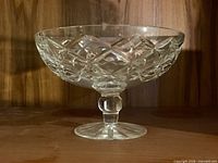 Side view of Tiffany & Co. cut crystal pedestal bowl on shelf