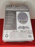 Rear of Escali Primo Digital Scale retail box showing features and specifications