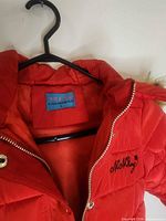 Close-up of interior label and chest embroidery