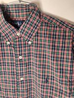 Front view of Ralph Lauren plaid shirt showing pattern and buttons