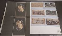 All items overview – two cabinet portraits in mats and six stereoview cards in sleeves
