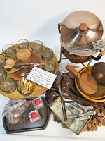 Overall lot showing fondue pot, wooden tray with glasses, ceramic bowls, wooden utensils, glass candle holders
