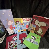 All items grouped: boxed tree, book, magnets, folders, sealed Snoopy item