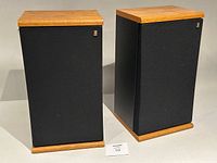 Front view of both speakers showing grille and oak veneer tops